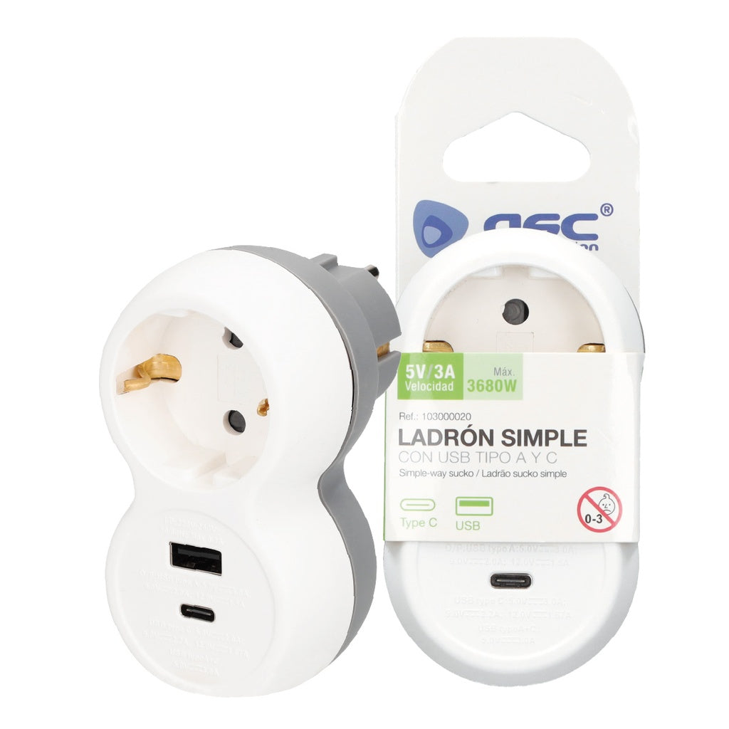 Ladrón Simple Schuko con USB Tipo A y Tipo C – Carga Rápida 5V/3A