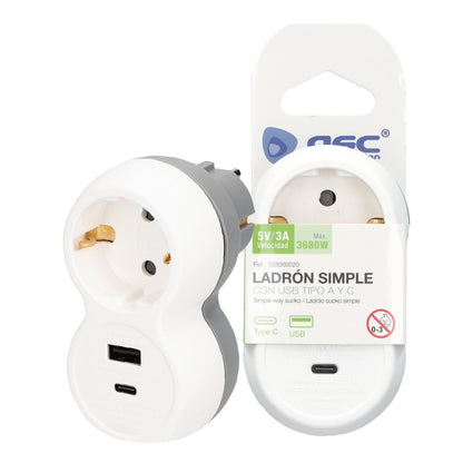 Ladrón Simple Schuko con USB Tipo A y Tipo C – Carga Rápida 5V/3A