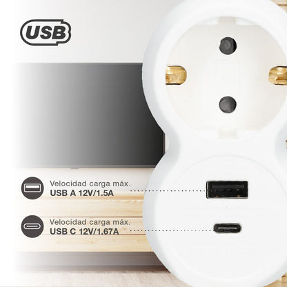 Ladrón Simple Schuko con USB Tipo A y Tipo C – Carga Rápida 5V/3A